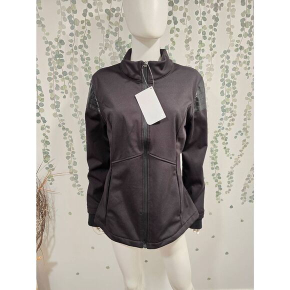 Fabletics Bray Moto Jacket Black Women’s XL NWT Faux Leather Detail Zip Up Activ - Picture 4 of 12